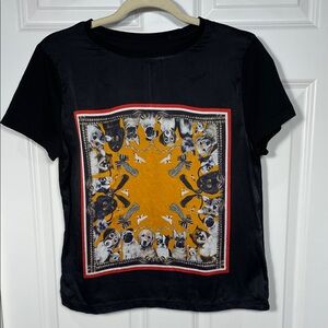 Silk Cotton Short Sleeve Shirt Size Medium Black Dog Print Crewneck Fitted